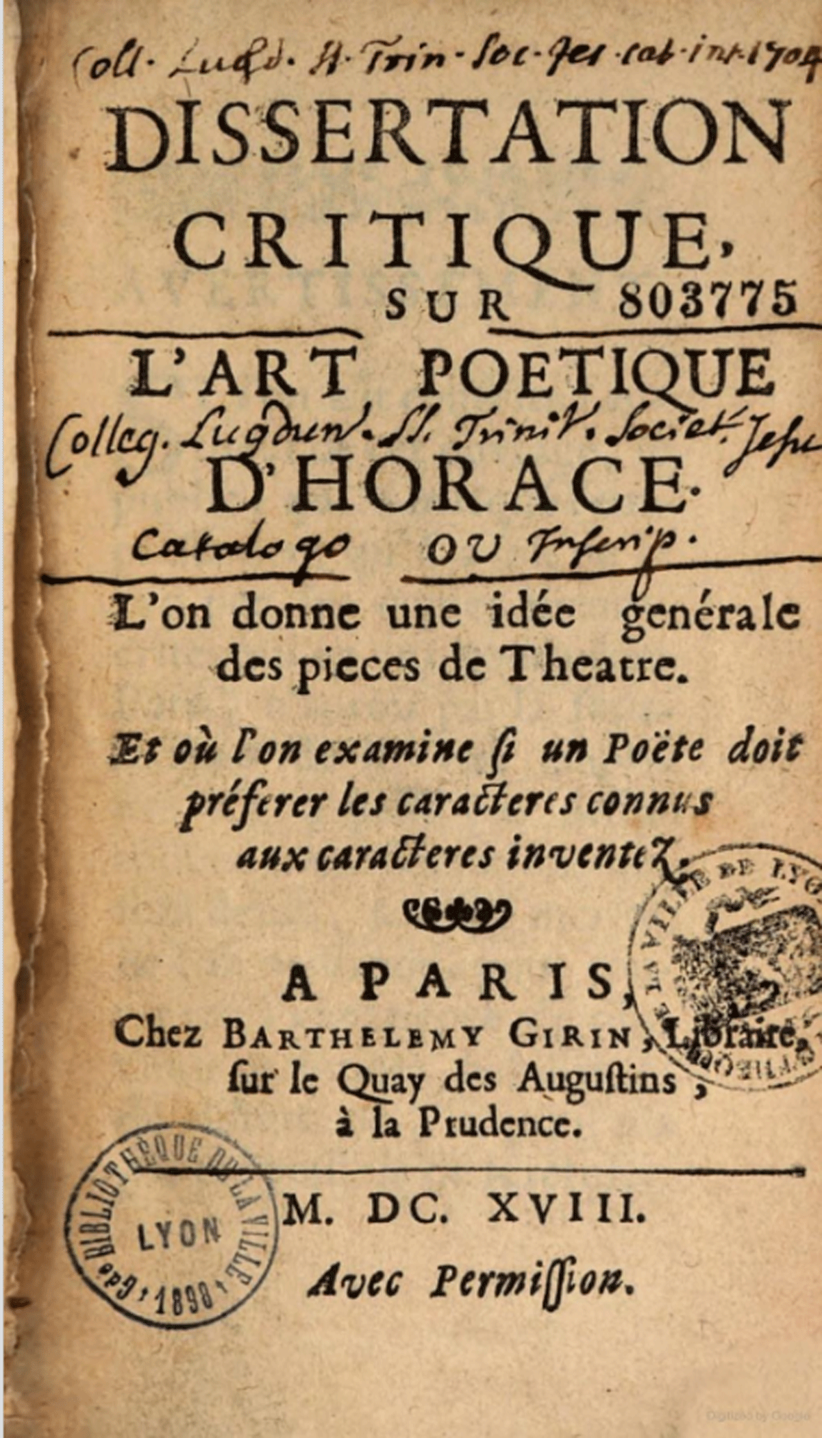 The erroneously dated title page of the Dissertation critique sur l’Art poétique d’Horace (1618)