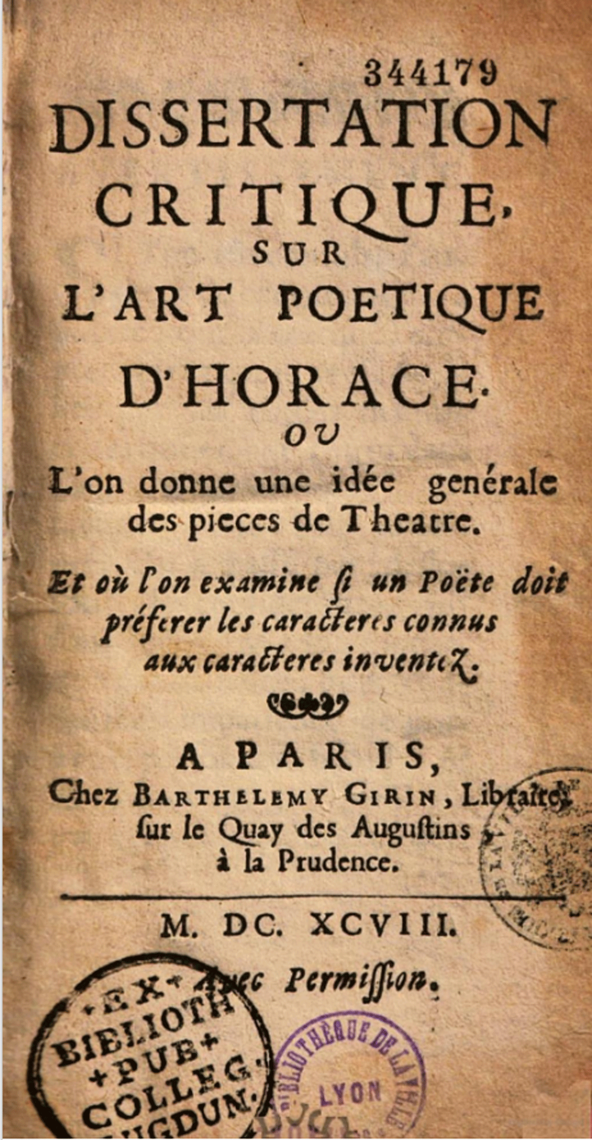 The correctly dated title page of the Dissertation critique sur l’Art poétique d’Horace (1698)