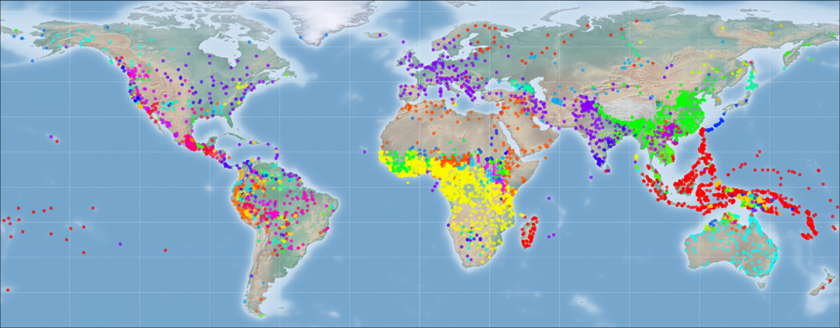 A world map with the location of the dataset’s doculects