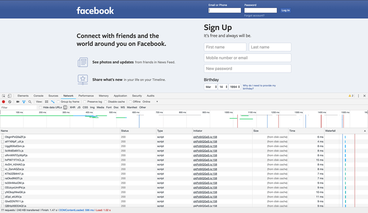 A screenshot shows the chrome developer tools network tab output as a user views facebook