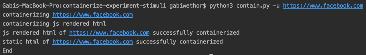 Command line output shows the program performing the single website containerization process