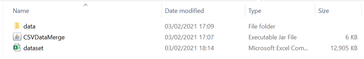 To use CSVDataMerge, simple copy the JAR file into a folder and place the CSV datafiles into a folder named “data” (case sensitive). Double click on CSVDataMerge.jar and a file called dataset.csv will appear.