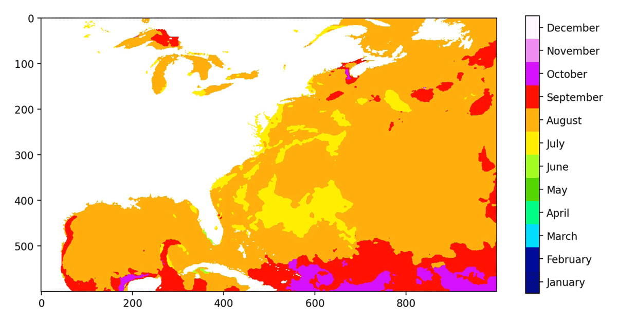 This figure shows the hottest month for each pixel