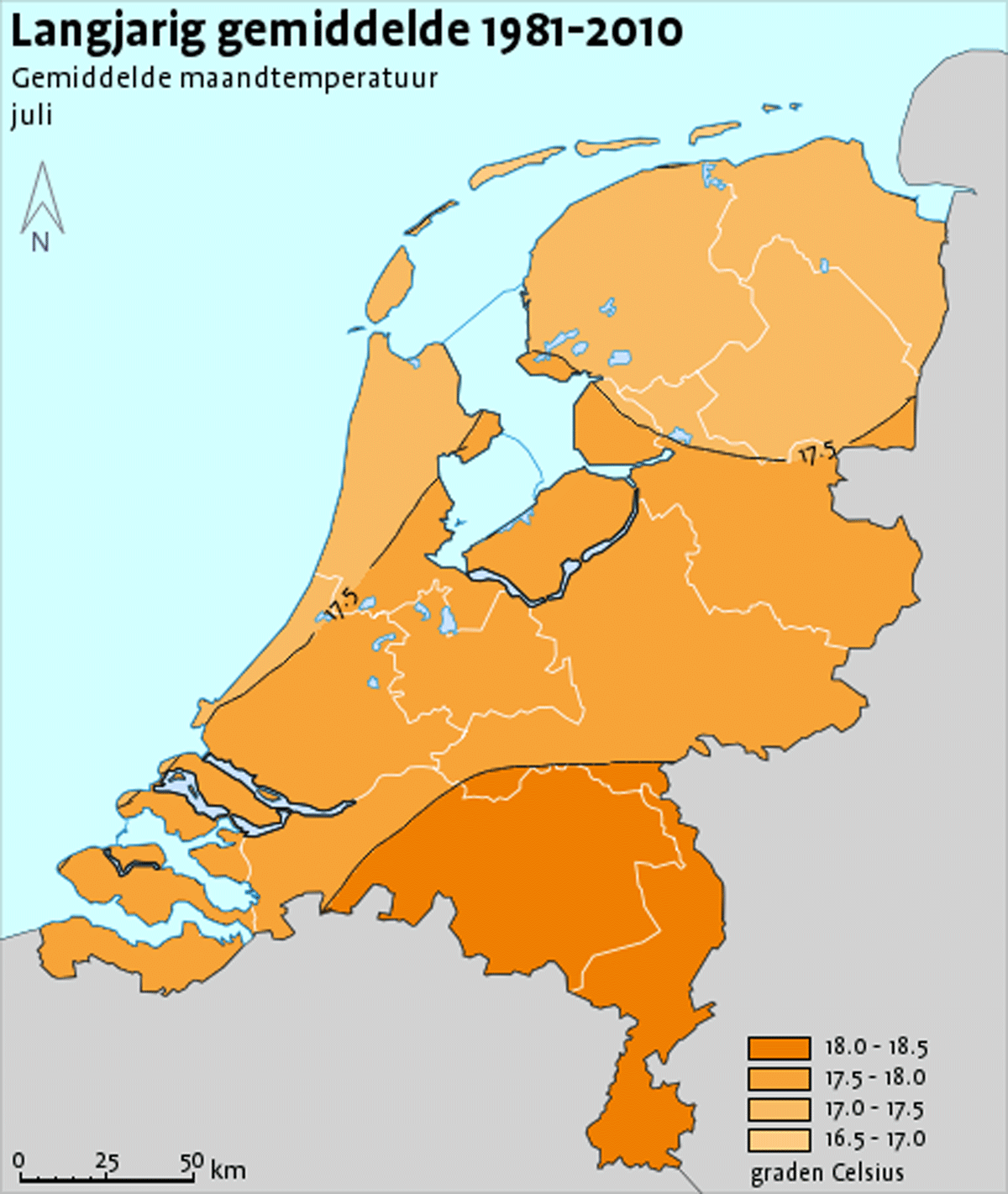 Image from http://www.klimaatatlas.nl/ showing climate normals for monthly average temperature in July. This image is generated by a GetMap request. By using WMS extensions, it becomes possible to add a title, subtitle, scalebar, legend and north arrow in the map