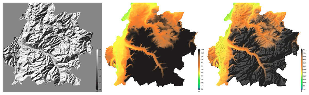 Visualisation of the Dutch elevation AHN dataset (Algemene Hoogtebestand Nederland) using hillshading. The left shows the raw hillshading layer, the middle shows standard rendering without hill shading and right shows rendering with hillshading