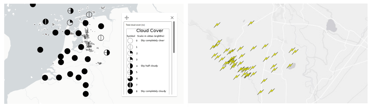 Left: Displaying cloud cover using symbols (unit in octa), right: symbols indicating cloud to ground lightning