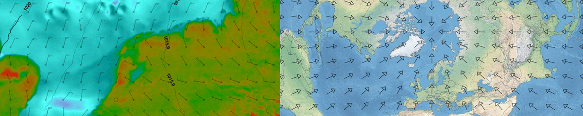 Left: Wind barbs for the KNMI Harmonie weather model, right: wind vectors all flowing northwards with geographical perspective correction