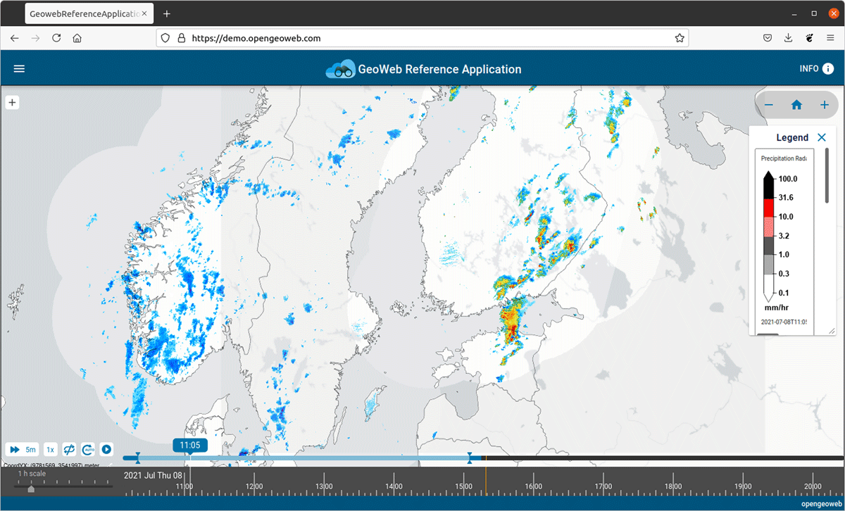 OpenGeoweb application showing real time precipitation data