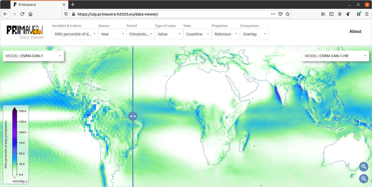 User Interface Platform of Primavera project (H2020), visualizations served via Adaguc-server. Web map application written with OpenLayers