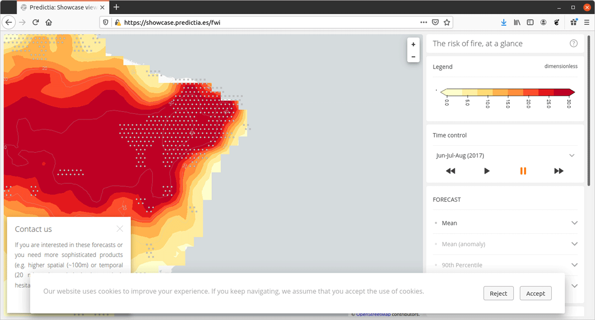 Fire hazard viewer with stippling applied, from https://showcase.predictia.es/fwi