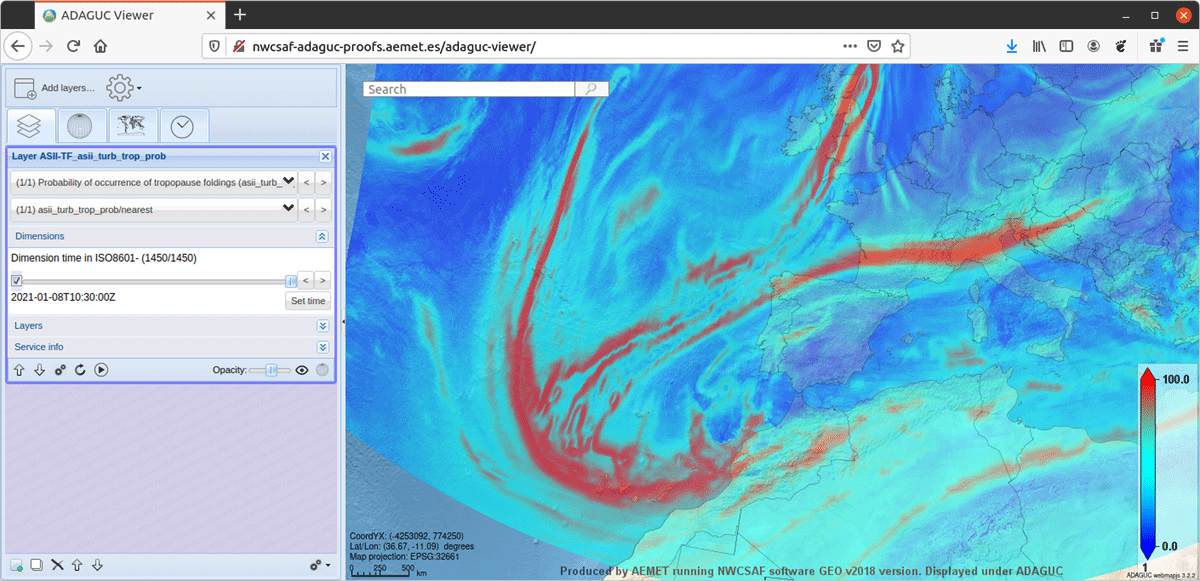 NWCSAF displaying one of the live data streams in the adaguc-viewer. Here we selected “probability of occurrence of tropopause foldings”