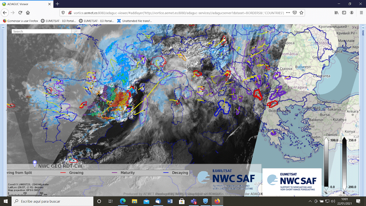 Adaguc displaying Satellite imagery from Meteosat (HRV, IR108, RDT-CW), Precipitation radars from OPERA and Lightning. A mix of polygons, points, and Netcdf CF is used in this application. Screenshot by AEMET. Contributors from NWCSAF, EUMETSAT, OPERA & NWCSAF2ADAGUC