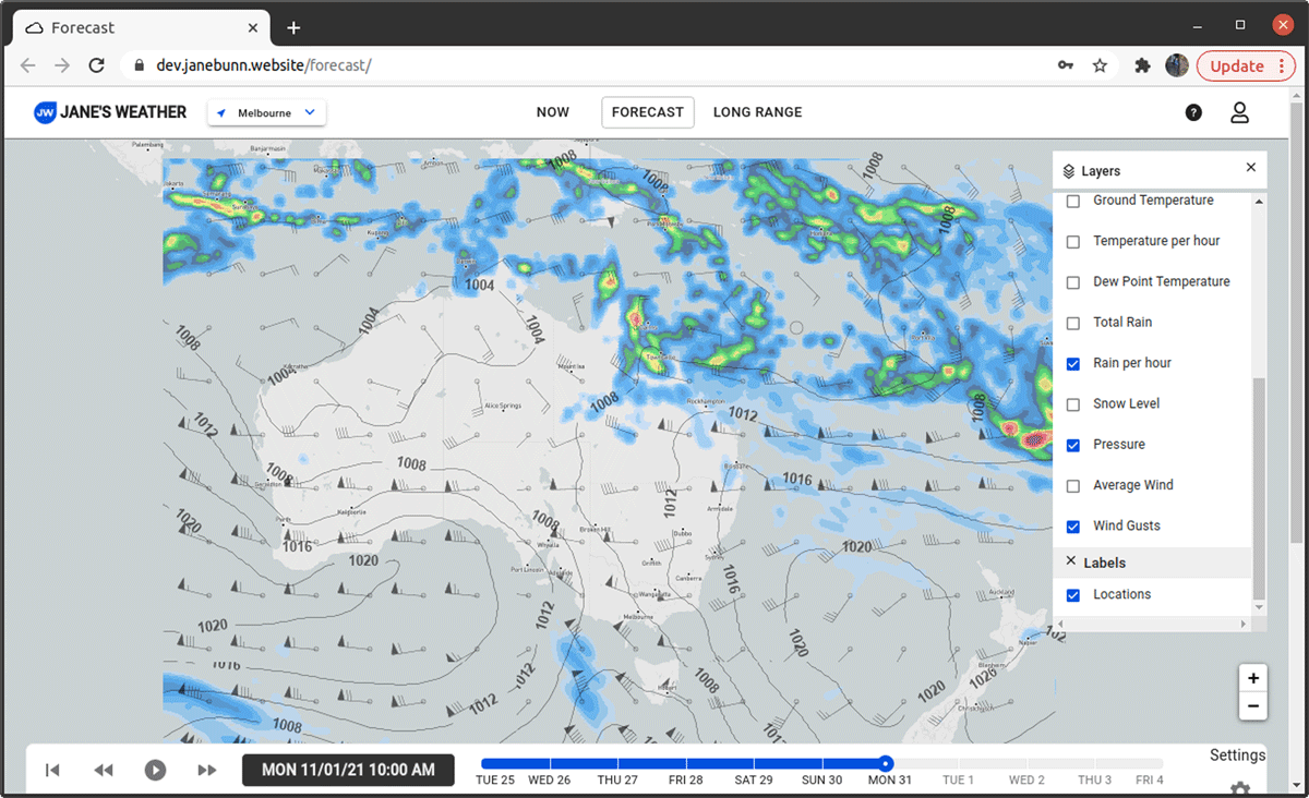 Jane’s Weather - A website with weather and climate forecast. Visualization is done with the Adaguc-server. Contourlines, wind barbs and shading methods are applied