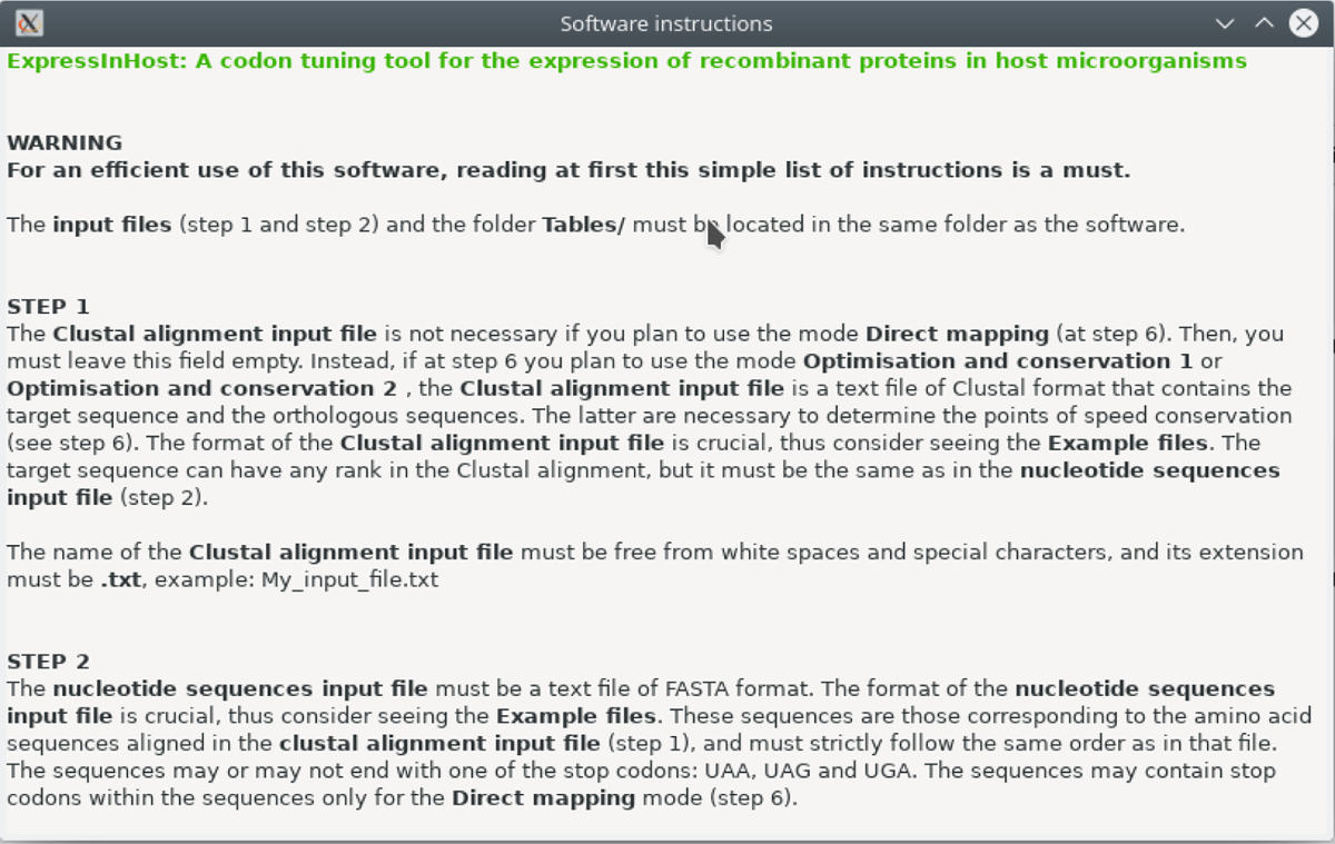 Expandable Instructions window of ExpressInHost