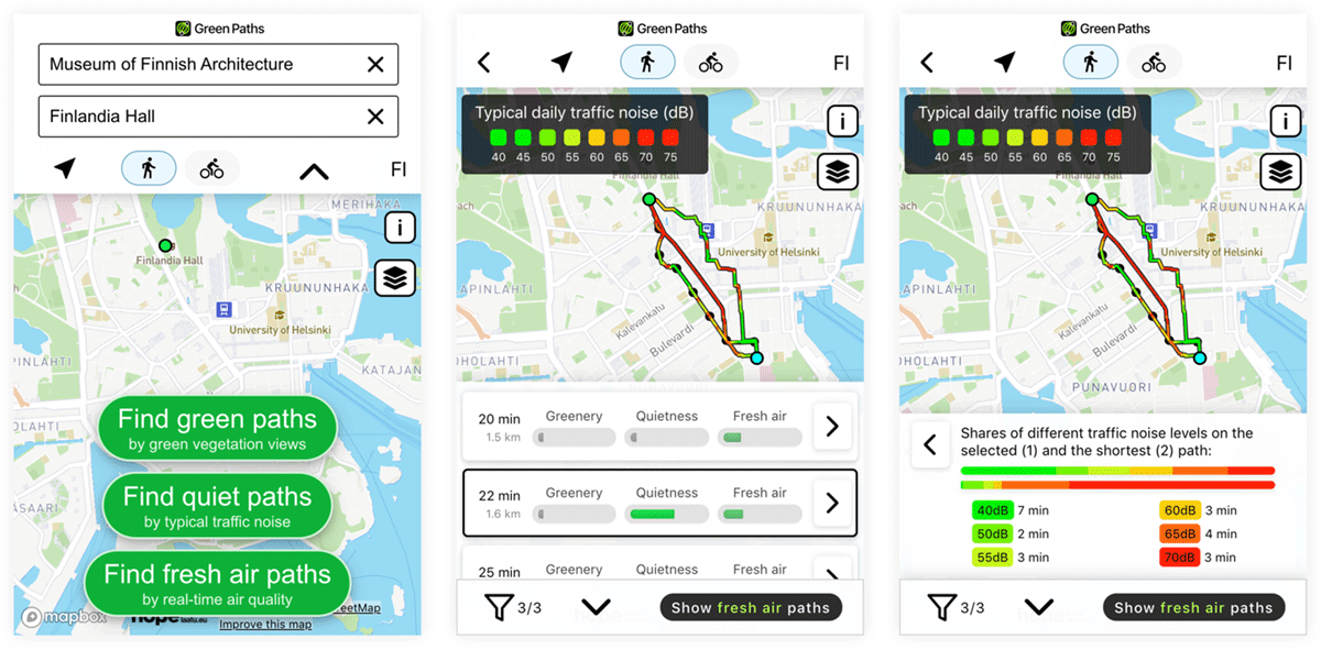 Screenshots of the web based Green Paths routing app: exposure optimised routing options and route comparison