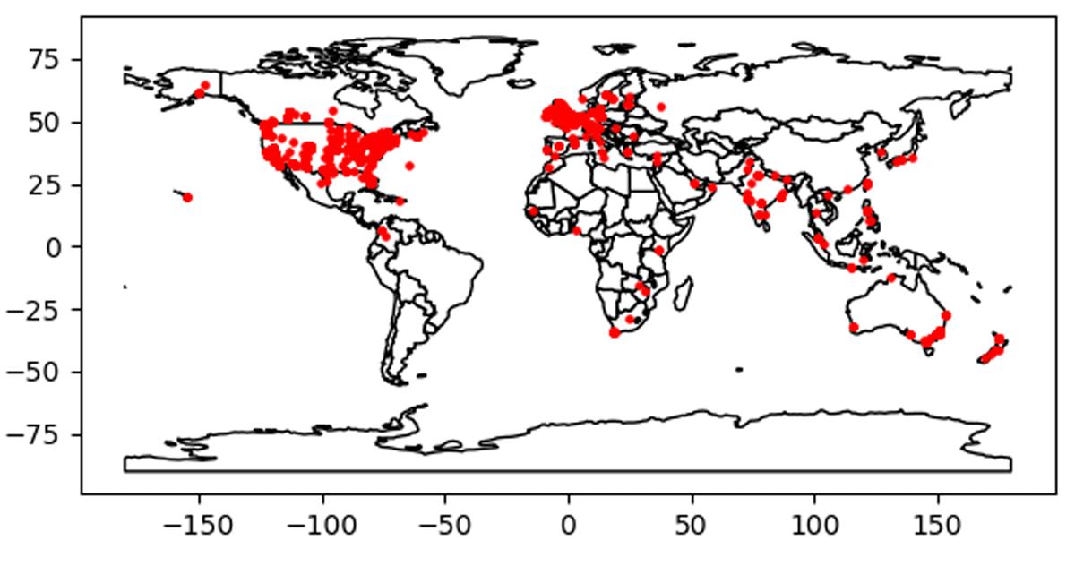 Map of the world with point locations of tweets