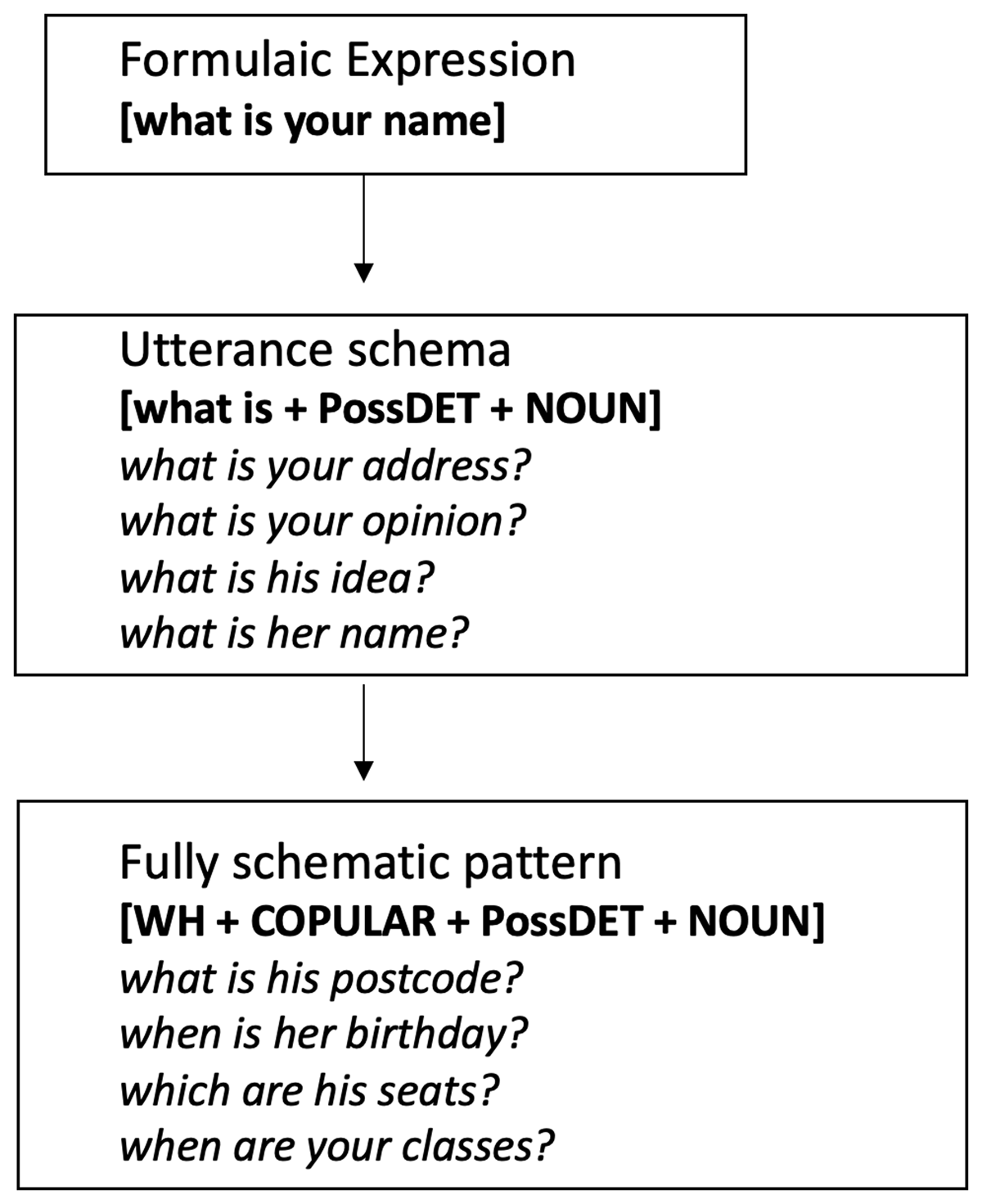 A usage based developmental trajectory of the schematic construction [WH + COPULA + PossSUBJ + NOUN] derived from the formulaic exemplar what’s your name