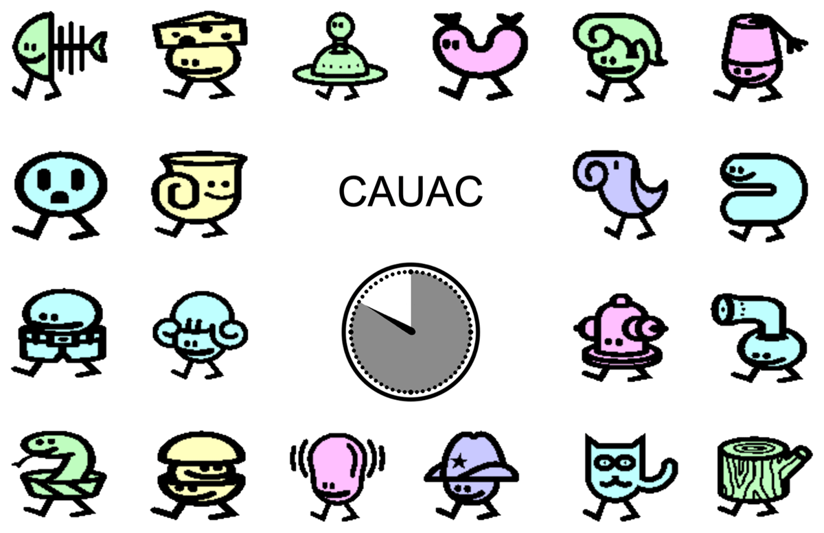 Twenty fantasy creatures for which we have no labels in English (or any other known language) arranged around a word in the centre and a clock counting down the remaining time; the participant needs to click on the creature that matches the word.