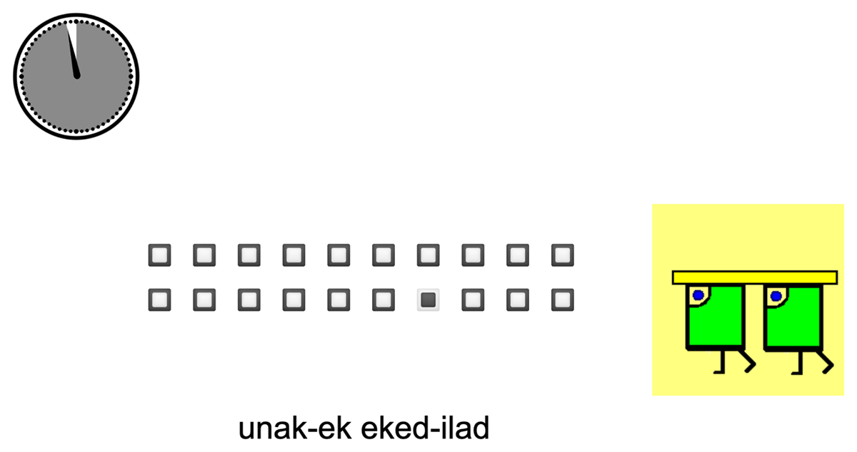 One green round creature walking and a choice of two expressions from the artificial mini-language underlying the test. The participant must click on the correct expression.