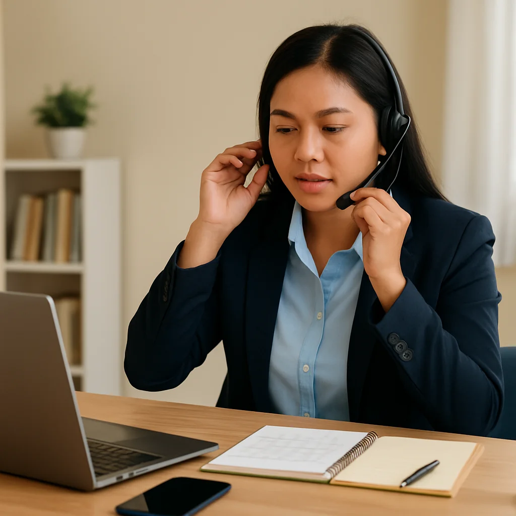 Filipino virtual assistant preparing a professional phone answering service at home