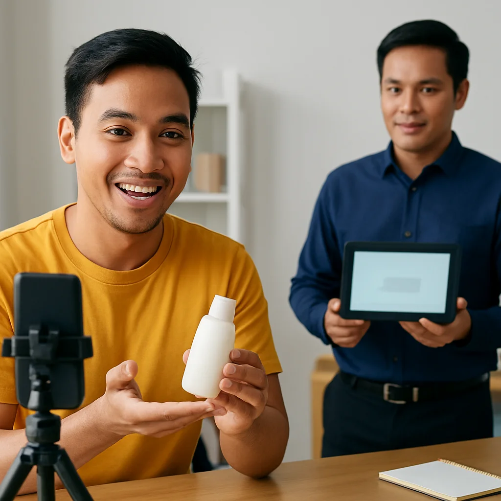 Filipino creator demonstrating a product while marketer reviews campaign tracking