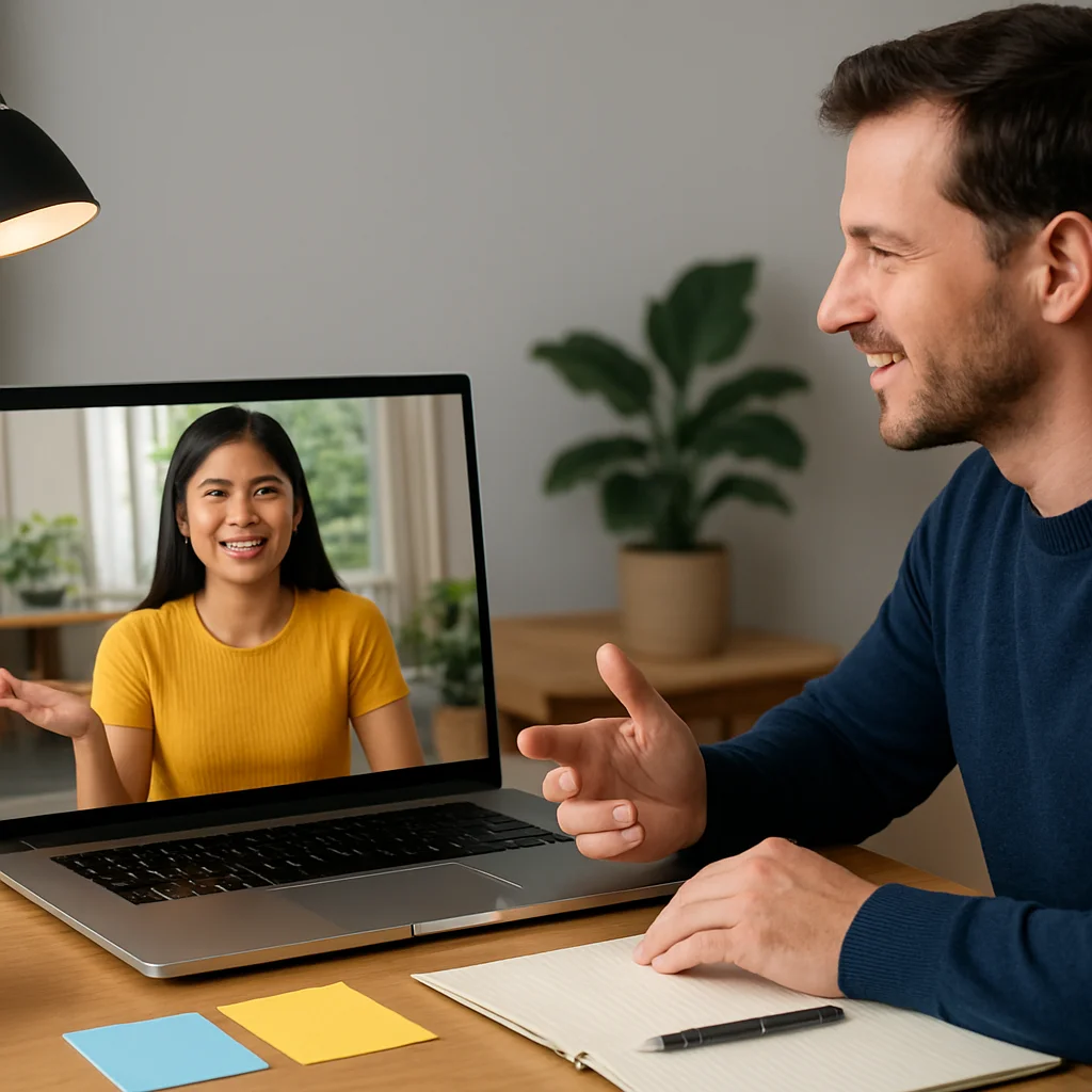 Employer reviewing remote support workflow with Filipino virtual assistant