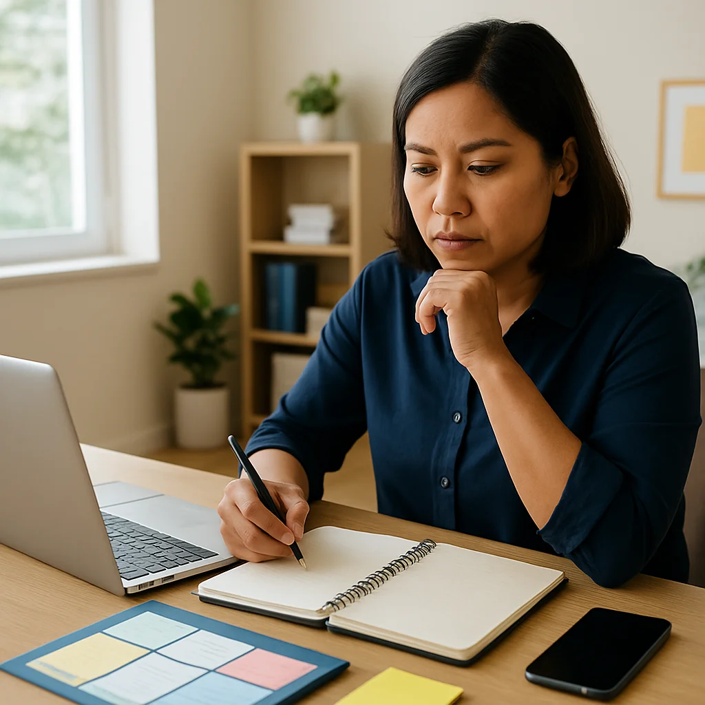 Filipino executive assistant organizing priorities in a home office