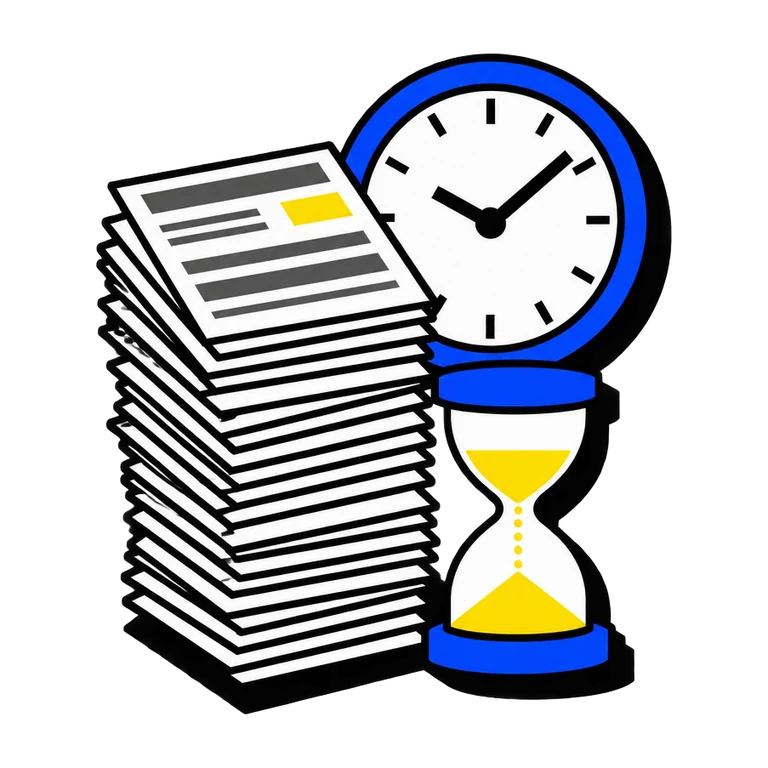 Illustration: a tall stack of paper application forms beside a clock and an hourglass.