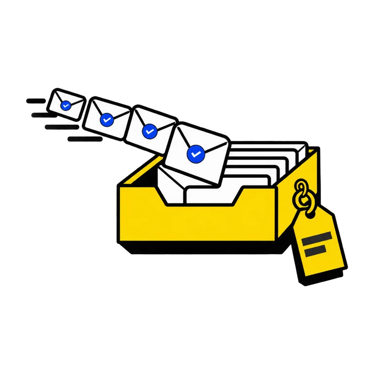 Illustration: application confirmation envelopes landing in one shared inbox tray.