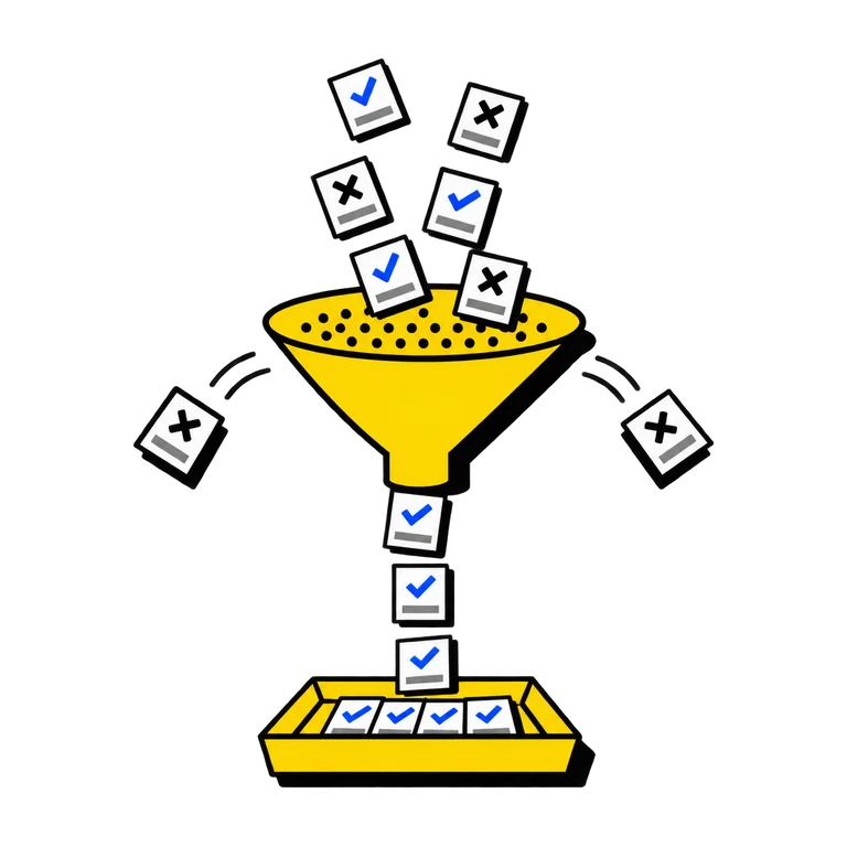 Illustration: job cards falling into a sieve; only the checked ones reach the tray.