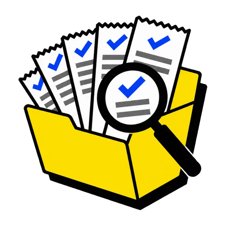 Illustration: a folder of confirmation slips, each with a check mark, under a magnifying glass.