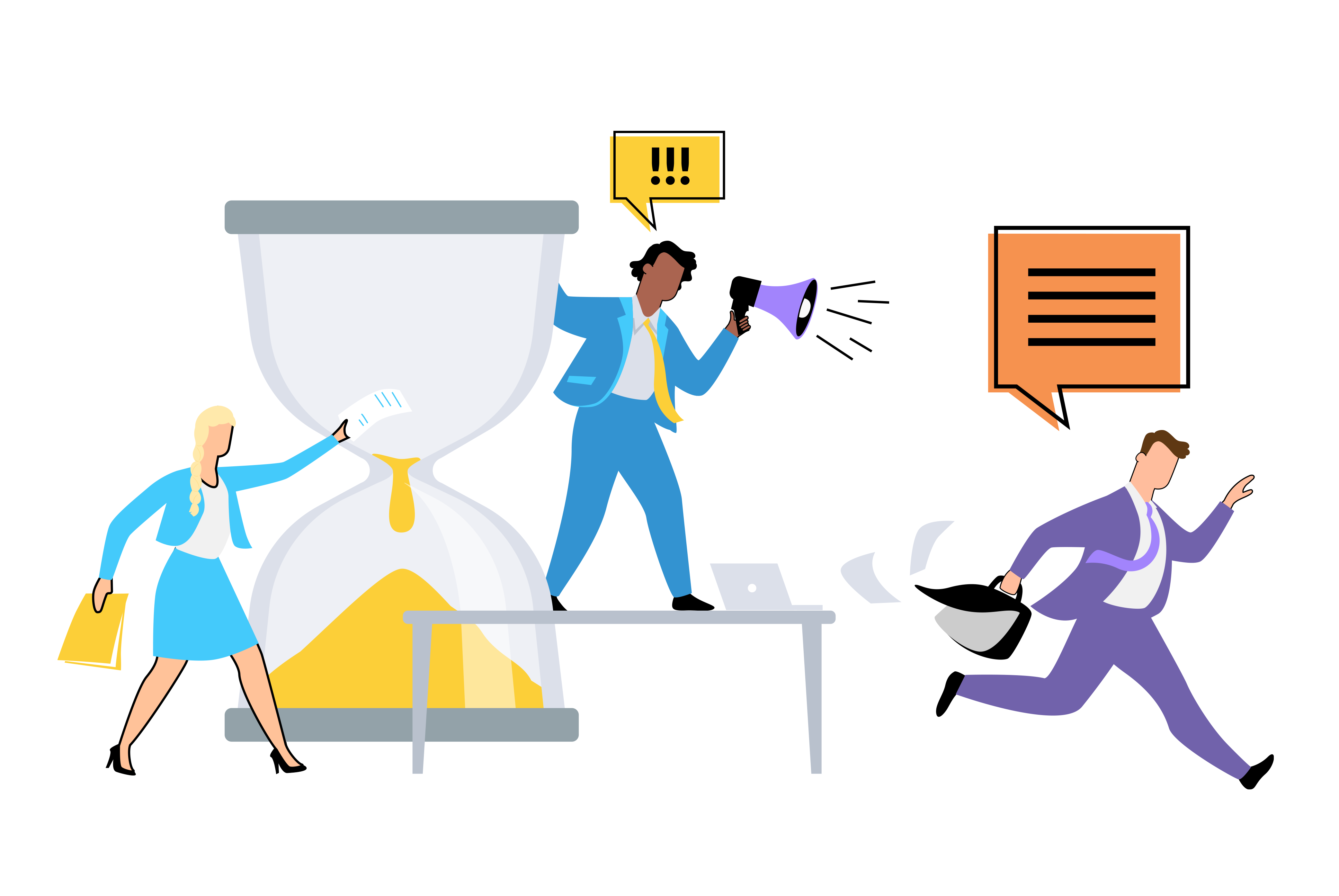  Illustration of stressed employees in a negative work environment, with one employee running late, one shouting through a megaphone, and one looking at an hourglass timer.