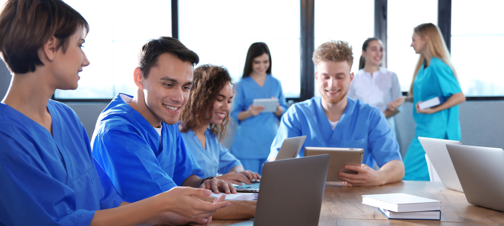 Nursing school classmates in class.