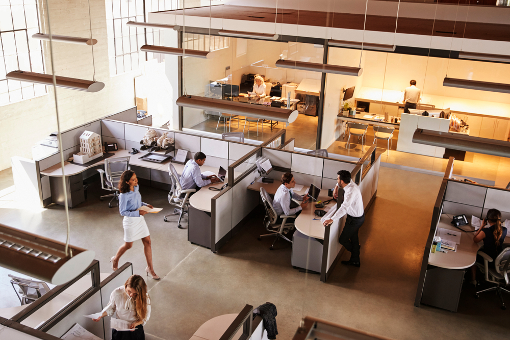 Elevated view of a busy open plan office.