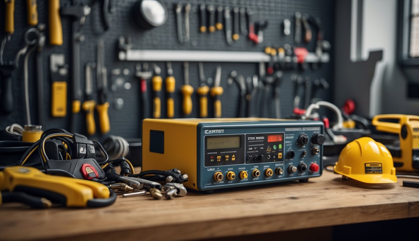 A workbench with tools, safety gear, and electrical components. A UK electrical codebook and a certification plaque on the wall