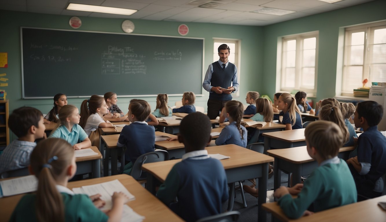 A classroom setting with a teacher at the front, surrounded by students and educational materials
