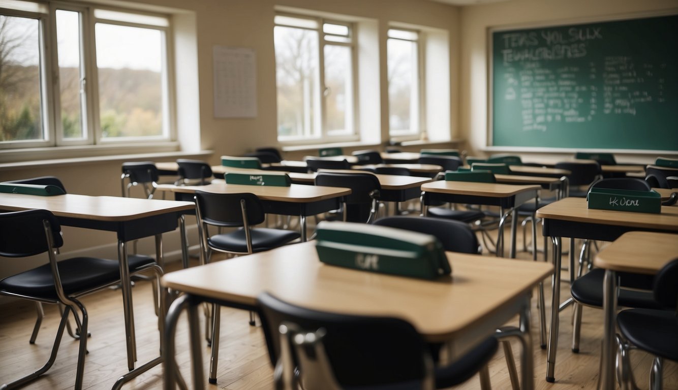 A classroom filled with desks and chairs, a chalkboard with "Teacher Jobs in the UK" written in bold letters, and a calendar showing the start of application season