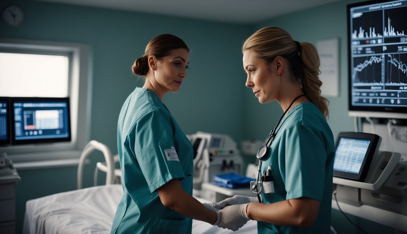 A nurse in uniform standing next to a hospital bed, checking the patient's vital signs on a monitor