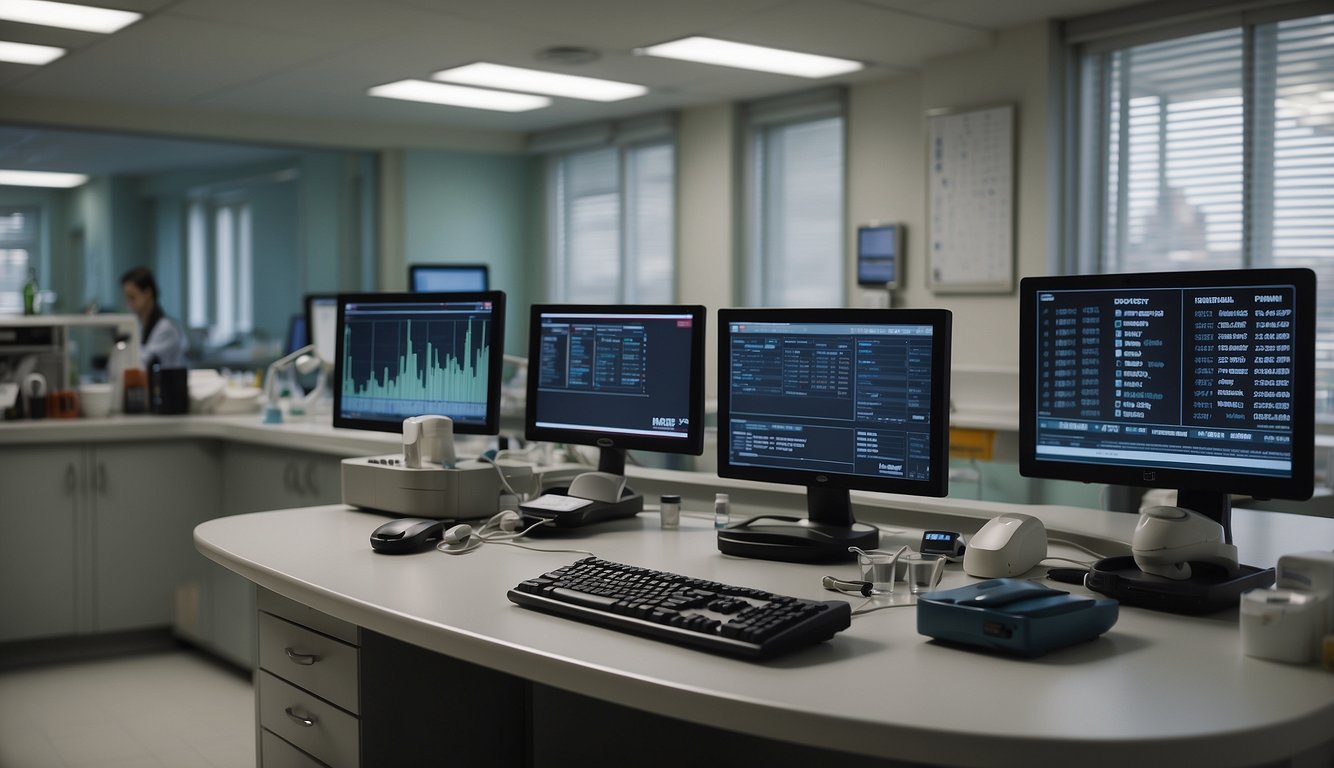 A nurse station in a bustling hospital ward, with computer screens, medical charts, and a ringing phone. A whiteboard displays patient information and a clock reminds of the passing time