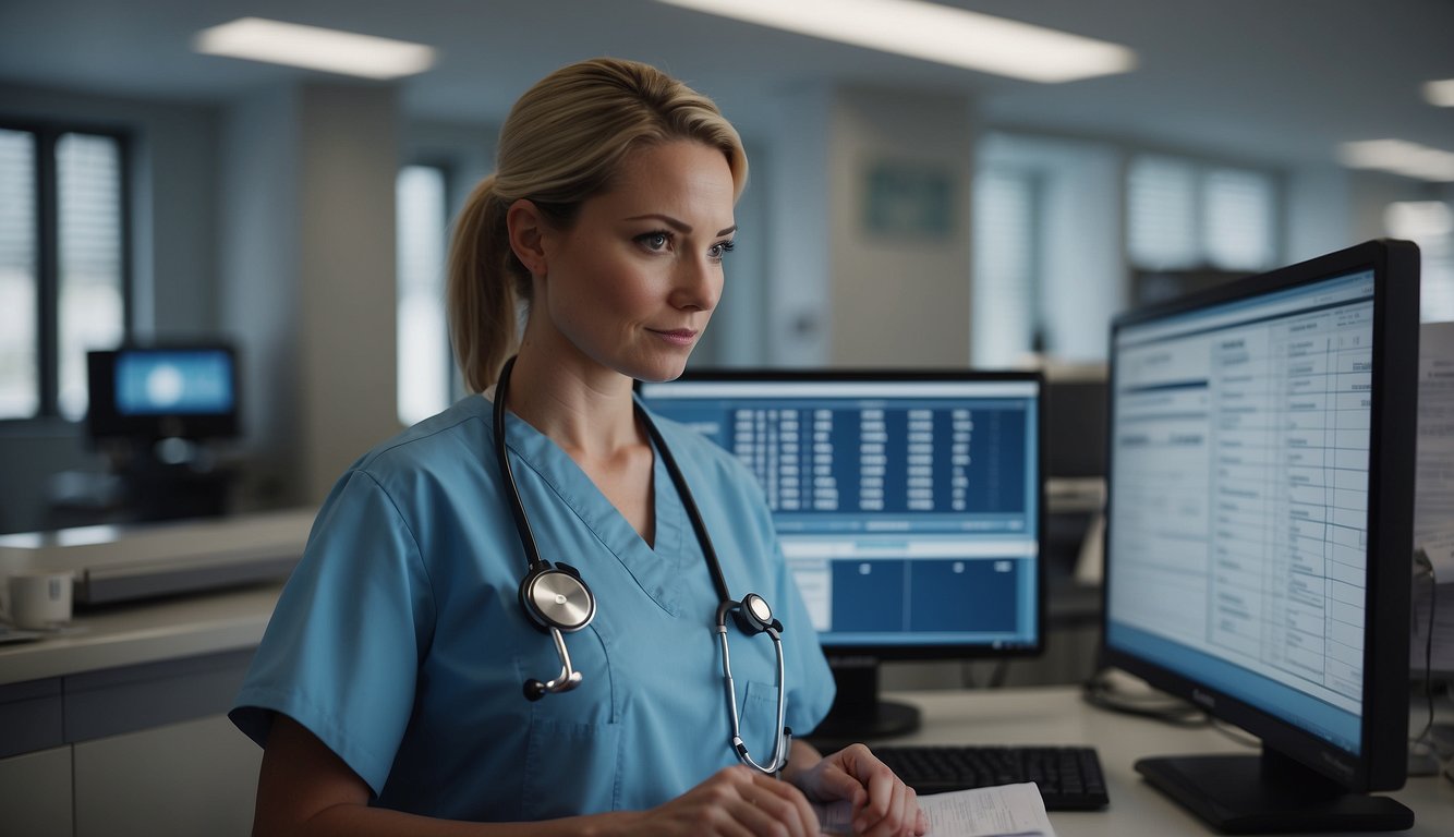 A nurse in uniform stands at a hospital workstation, reviewing patient charts and updating medical records on a computer. A stethoscope and medical supplies are neatly organized nearby