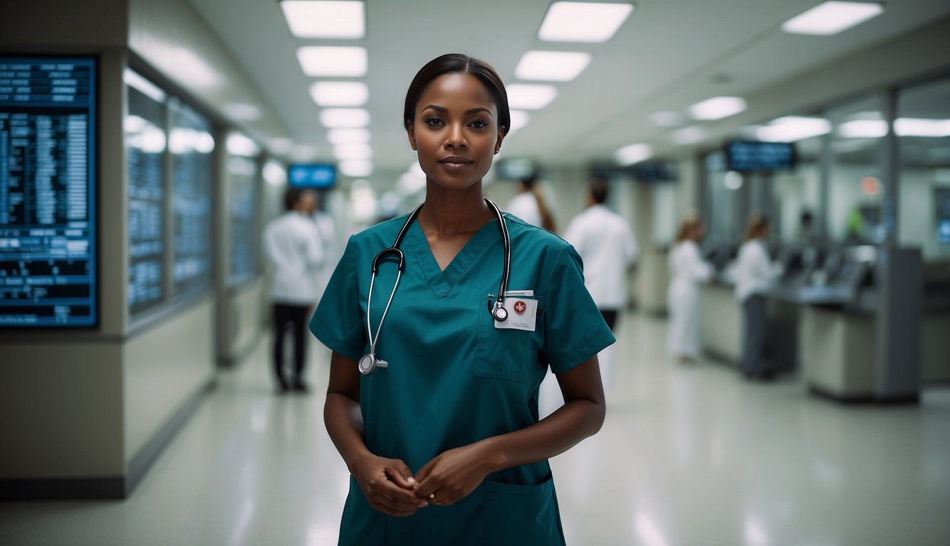 A nurse in uniform stands at a busy hospital station, surrounded by medical equipment and charts. The atmosphere is calm yet urgent, with a sense of dedication and professionalism