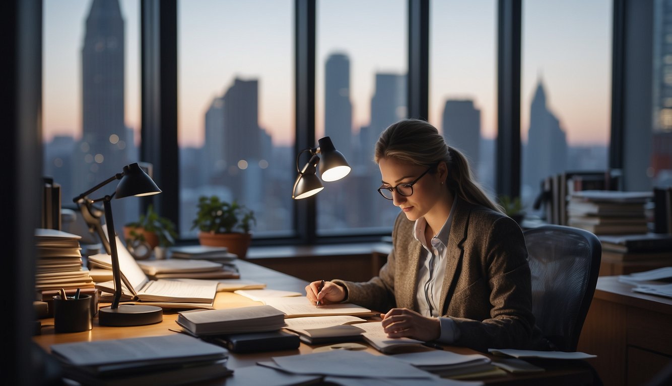 A research assistant sits at a desk, surrounded by books and papers. They are focused, typing on a computer and jotting down notes. The room is well-lit and organized, with a window offering a view of the city skyline