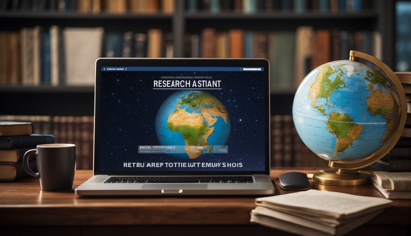 A stack of books, a computer, and a globe on a desk, with a "Research Assistant Jobs" poster on the wall