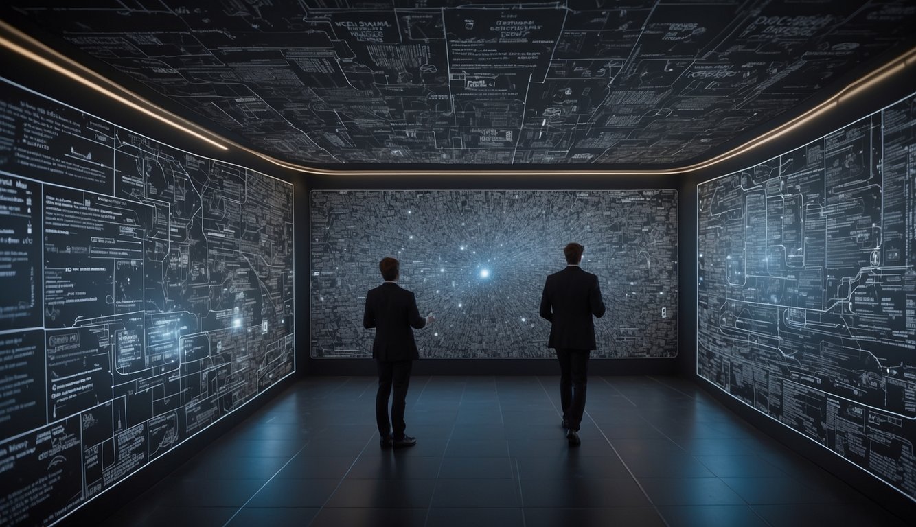 A rabbit hole leads to a maze of job listings. A large map of the UK hangs on the wall, with blinking alerts and highlighted research assistant positions