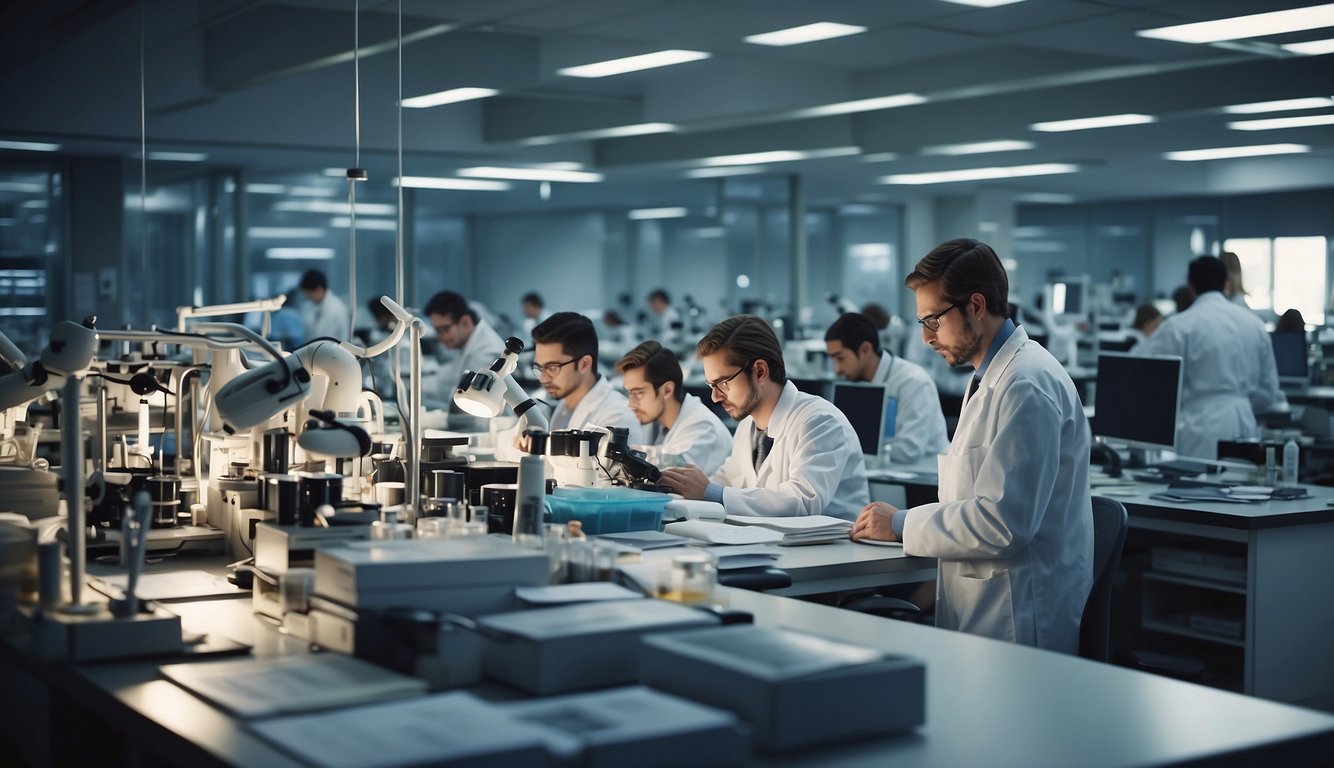 A crowded university research lab with new and seasoned assistants working on various projects, surrounded by stacks of papers and scientific equipment