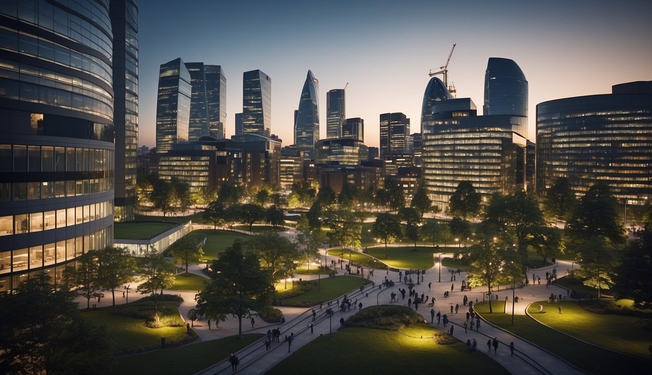 A bustling cityscape with modern office buildings and tech hubs, surrounded by green parks and bustling streets, showcasing the dynamic landscape of software engineer jobs in the UK