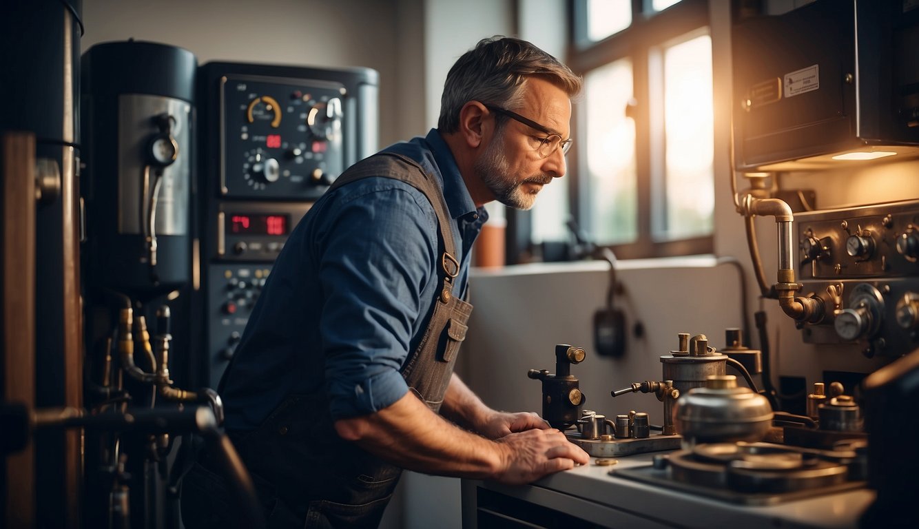 A gas engineer inspecting a boiler in a UK home, surrounded by tools and equipment. The engineer is focused and professional, with a sense of expertise and precision in their work