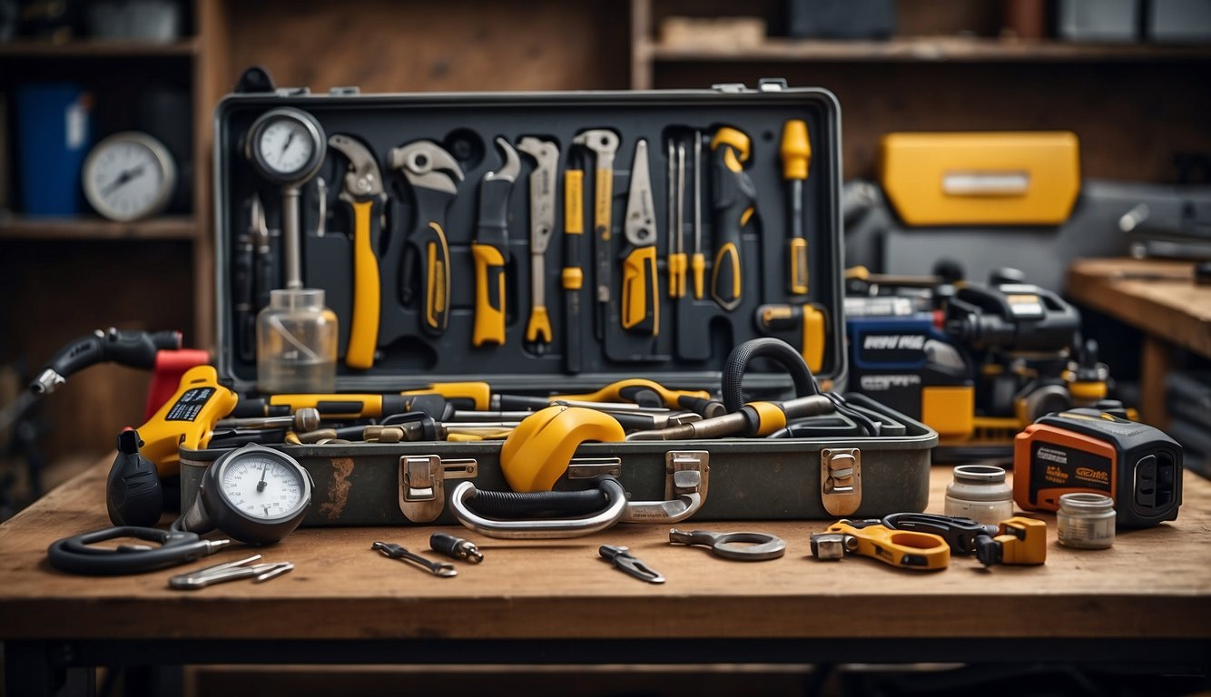 A gas engineer's toolbox open on a workbench, with various tools and equipment neatly organized and ready for use