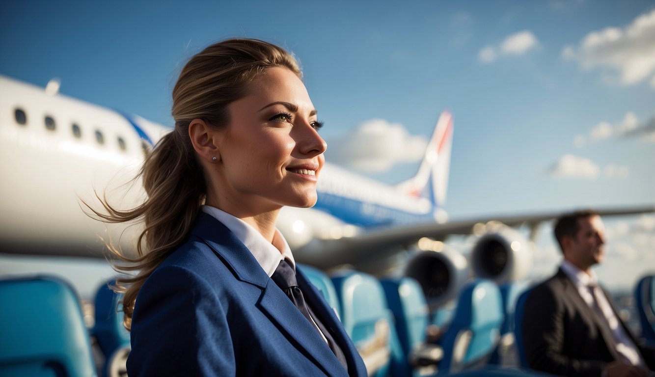A plane takes off into a bright blue sky, showcasing a career as a flight attendant in the UK