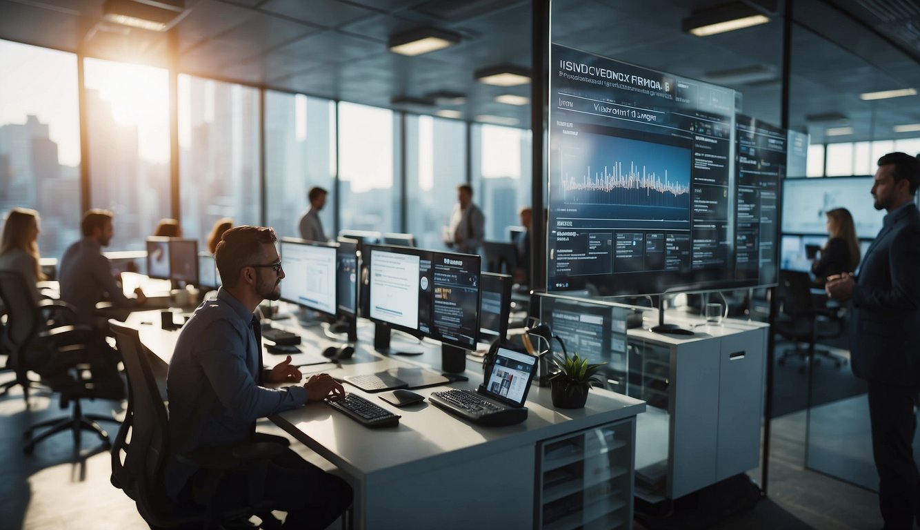 A bustling office with job listings on digital screens and people discussing opportunities